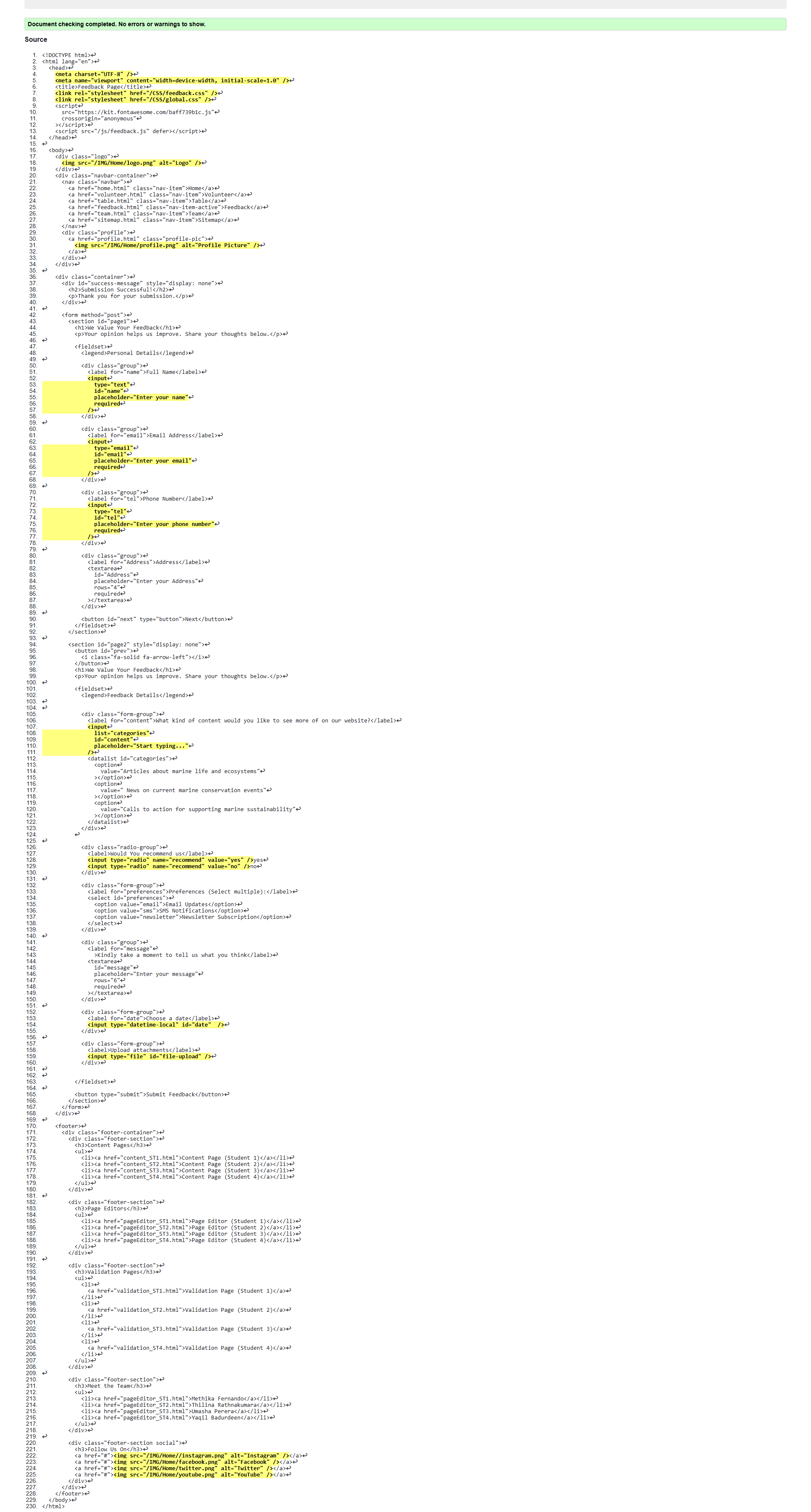 Feedback Page validation screenshot