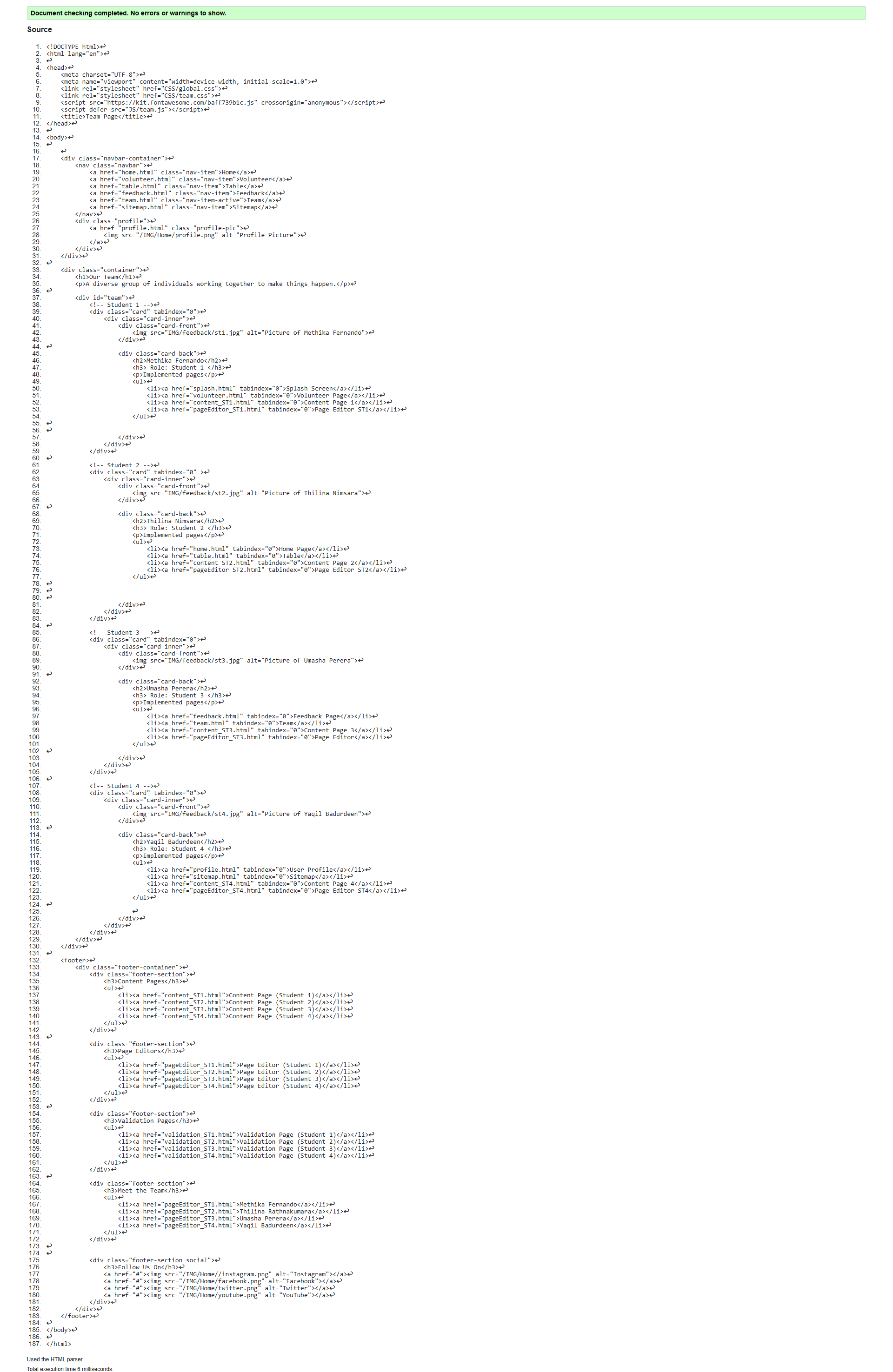 Team Page validation screenshot
