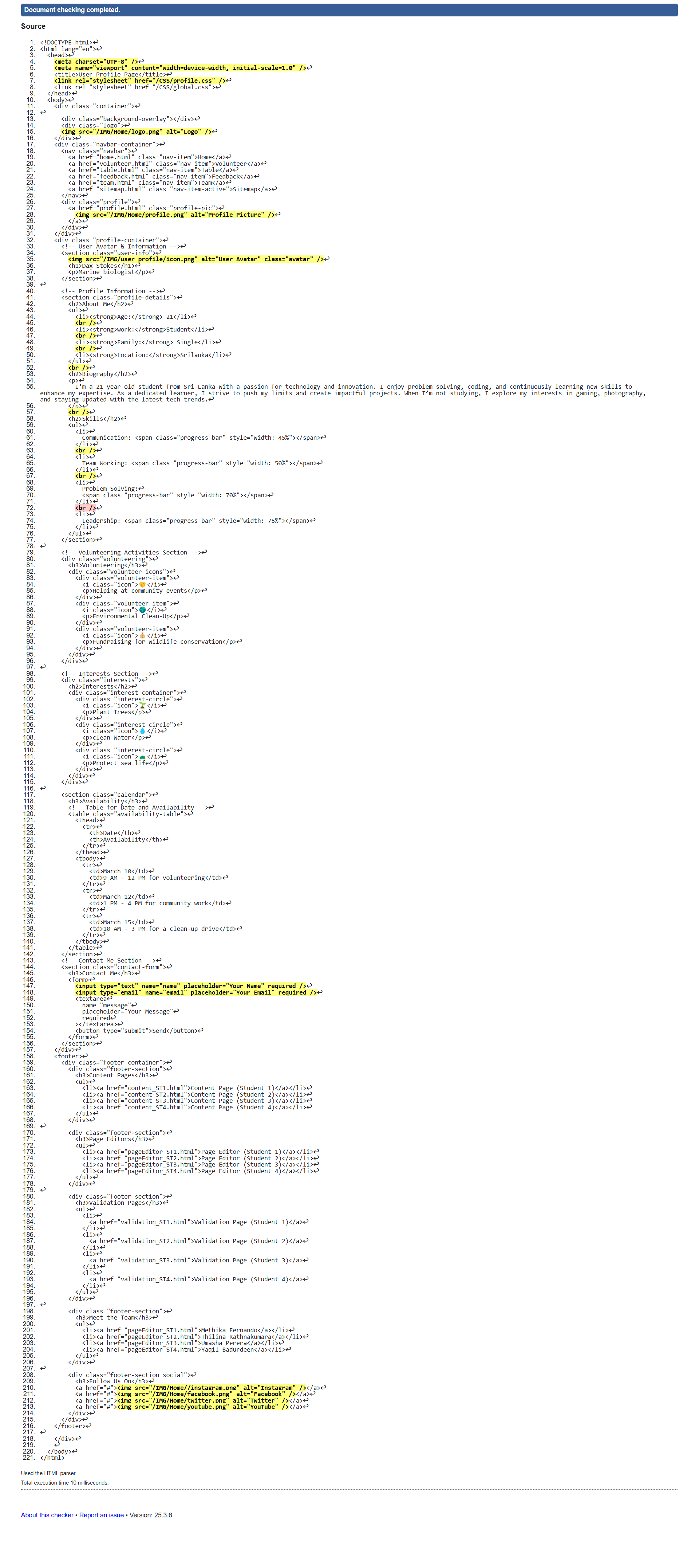 User Profile Page validation screenshot